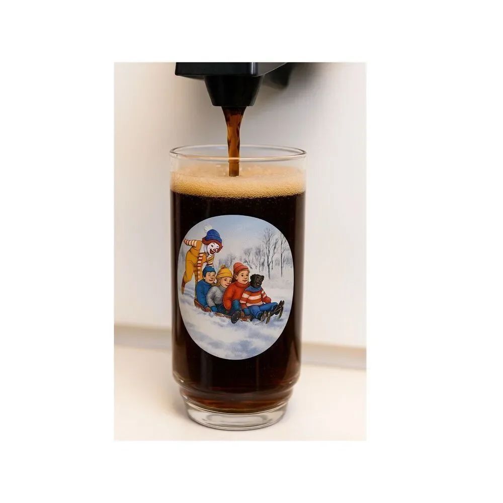 Vintage Ronald McDonald winter sled scene glass.